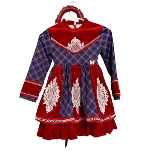 Pettigirl Girls Red Velvet Navy Plaid Lace Holiday Dress with Headband Size 8